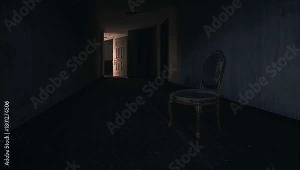 Obraz Mysterious Dark Hallway with Old Chair and Open Doorway