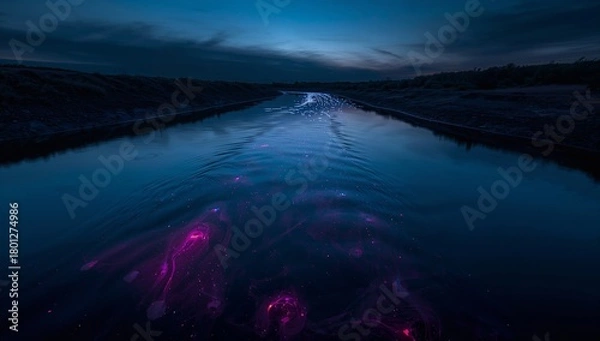 Obraz Ethereal Evening River Scene with Glowing Jellyfish Illumination