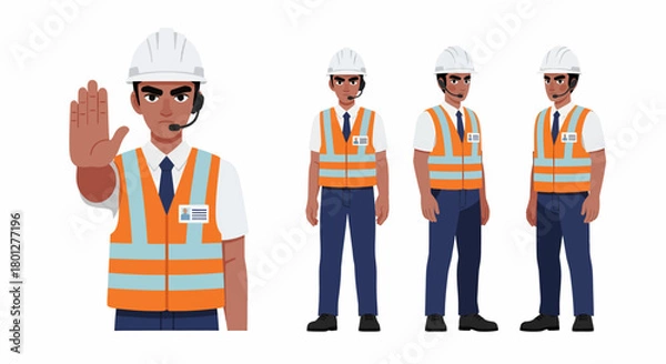 Fototapeta A male industrial worker character set in a hard hat and safety vest, shown in various poses including a stop gesture.
