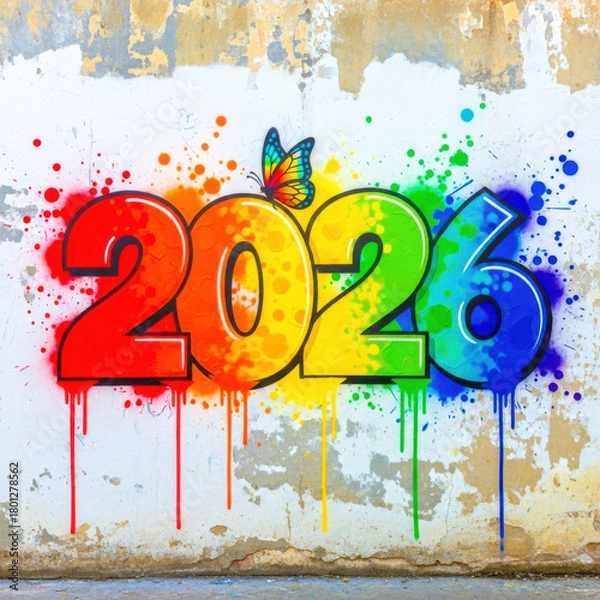 Fototapeta Vibrant graffiti spray paint year 2026 with butterfly silhouette