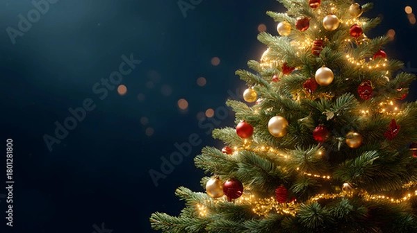 Fototapeta A beautiful Christmas tree with ornament decorations on a blue background. Bokeh and space for text.