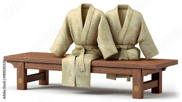 Obraz two spa robes rest peacefully on a wooden bench, evoking a sense of relaxation and wellness