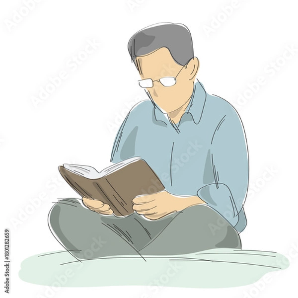 Fototapeta man with eyeglasses reading book on floor illustration vector hand drawn with black lines