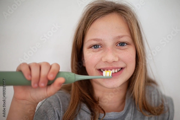 Fototapeta Preteen girl brushing teeth in natural lifestyle scene