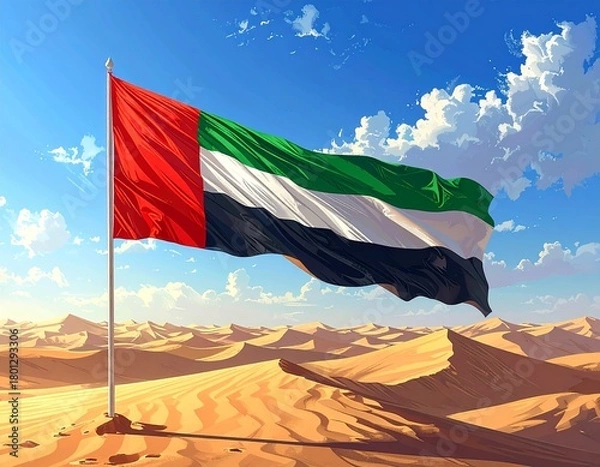 Fototapeta Generated image. UAE flag in the desert with blue sky background
