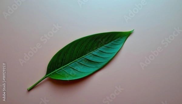 Fototapeta Detailed Close-Up of a Large Green Leaf on a Soft Pink Background with a Smooth Surface