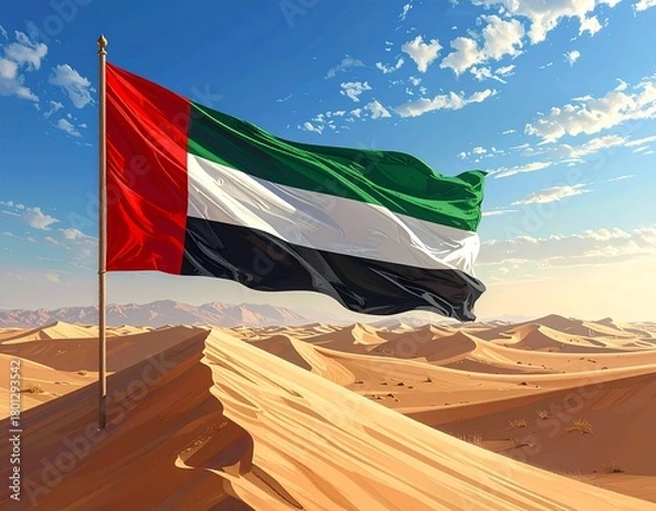 Fototapeta Generated image. UAE flag in the desert with blue sky background