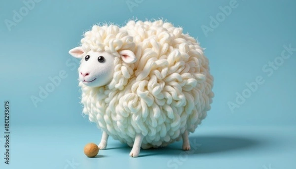 Obraz Cute and Fluffy Sheep Figurine on a Blue Background, Perfect for Children’s Decor and Creative Illustrations