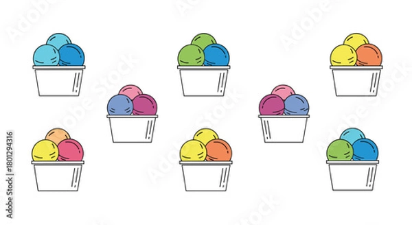 Fototapeta Delightful collection of ice cream scoops in various vibrant color combinations presented in white cups perfect for dessert themes.