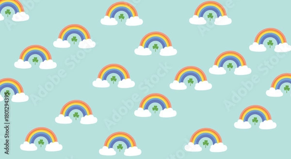Obraz Seamless pattern featuring cheerful rainbows with fluffy white clouds and green clovers evenly spaced on a soothing light blue background.