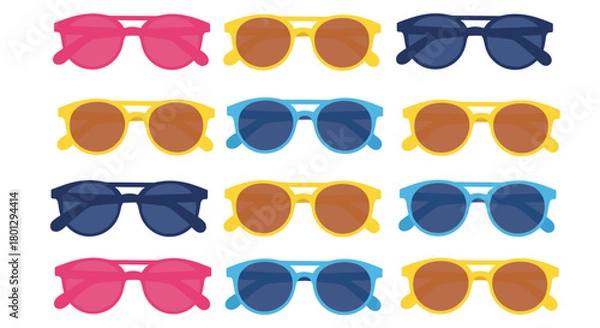 Fototapeta Diverse collection of various trendy sunglasses in vibrant pink yellow blue and brown frames perfect for summer fashion and accessories.