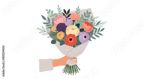 Obraz A hand gently holding a beautiful and lush bouquet of diverse colorful flowers and green foliage, symbolizing love and celebration.