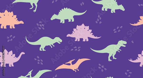 Obraz A vibrant seamless pattern featuring various colorful dinosaur silhouettes and footprints against a whimsical purple background.