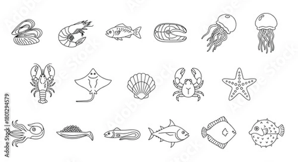 Obraz An extensive collection of line art seafood icons featuring various marine creatures like fish shrimp lobster and shellfish.