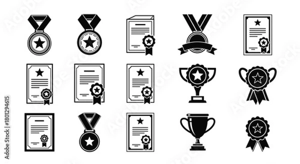 Obraz A comprehensive collection of black and white silhouette award icons featuring medals certificates ribbons and trophies.