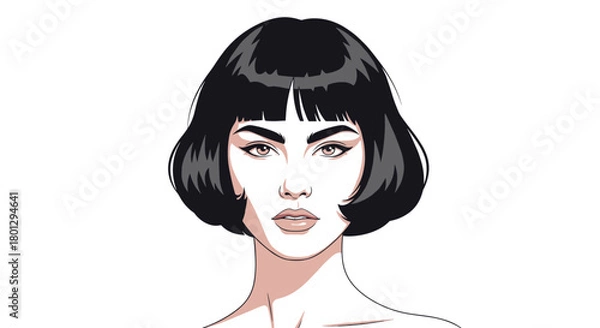 Obraz A captivating minimalist portrait of a woman with a chic short bob haircut and bangs exuding elegance and modern style.