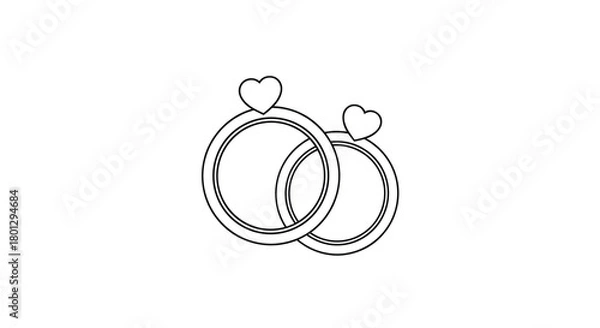 Fototapeta A minimalist line art illustration depicting two elegant interlocking wedding rings adorned with charming small hearts.