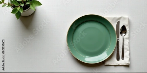Fototapeta Minimalist dining setup with a green plate, silverware, and a small plant.