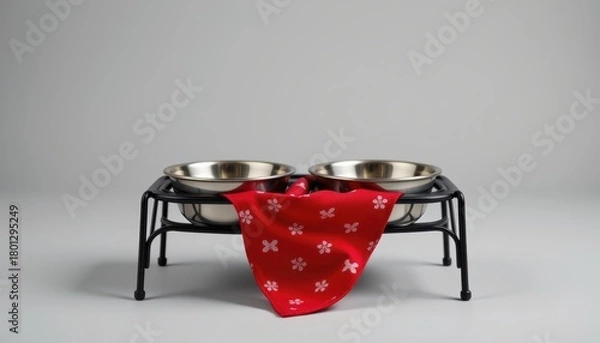 Fototapeta Pet food bowls with a red cloth and decorative pattern on a neutral background.
