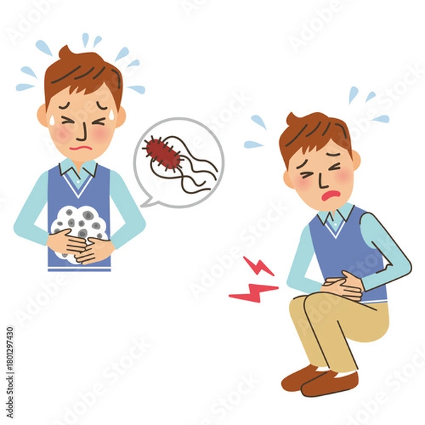 Obraz お腹が痛くて、汗だくになって、しゃがみ込む男性