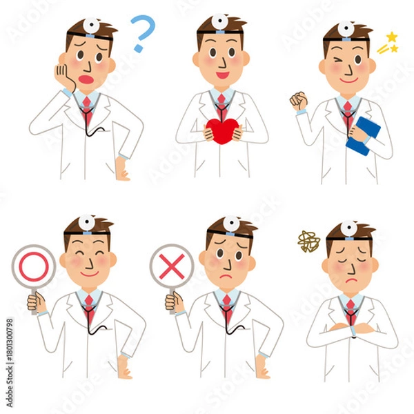 Obraz 医者の診断、真心、頑張る、悩む、説明、正解、不正解の上半身ポーズ