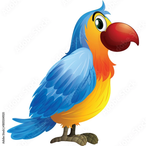 Fototapeta Vibrant Cartoon Parrot With Blue Yellow and Orange Feathers Standing Proudly Isolated On White Background Realistic Details