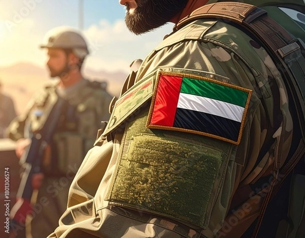 Fototapeta Generated image. UAE flag emblem on the sleeve of the Arab army uniform.