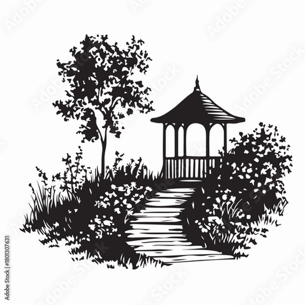 Obraz Calm Garden Path Scene with Gazebo Silhouette on white background