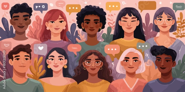 Fototapeta Un gruppo di persone diverse che comunicano con fumetti di dialogo, simbolo di unità e diversità.