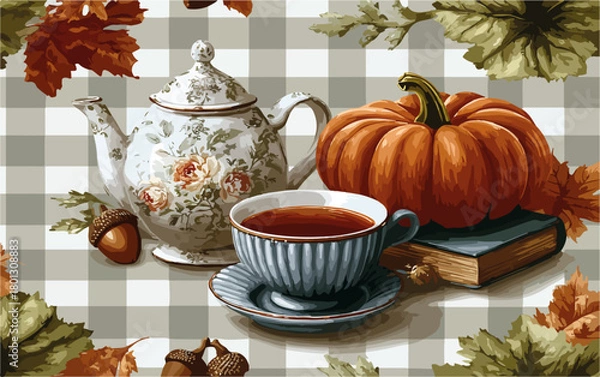 Fototapeta Un set da tè autunnale con zucca, ghiande e foglie su uno sfondo a scacchi