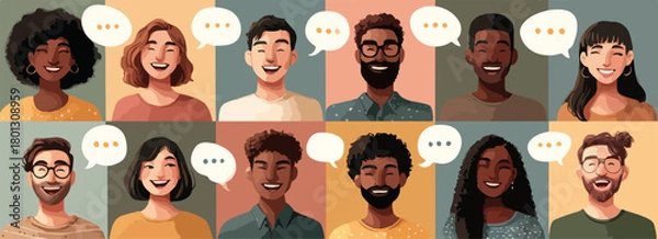 Fototapeta Un gruppo diversificato di persone che comunicano con fumetti di dialogo, che rappresentano la conversazione e la connessione.