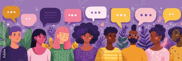 Fototapeta Un gruppo diversificato di persone comunica con fumetti di dialogo, simbolo di conversazione e connessione.