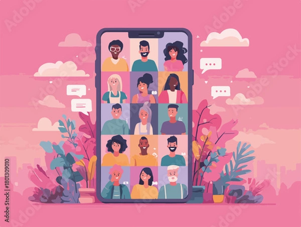 Fototapeta Schermata di un telefono con una videochiamata di gruppo, persone diverse che comunicano virtualmente.