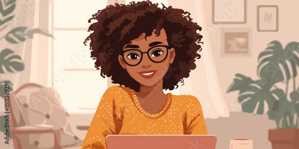 Fototapeta Giovane donna sorridente con capelli ricci e occhiali lavora al computer portatile in un ambiente domestico accogliente.