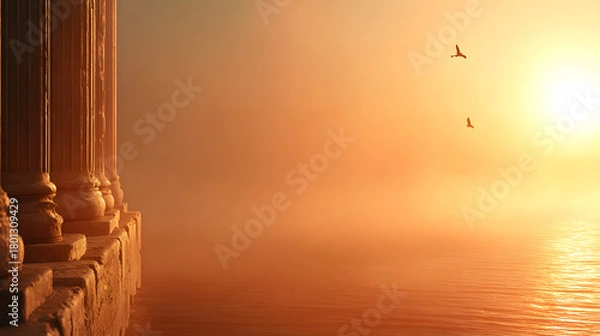 Fototapeta a serene sunrise over ancient columns by the sea, evoking a sense of history and peace. The sky blazes with orange light, and a pair of birds gracefully soar above the water