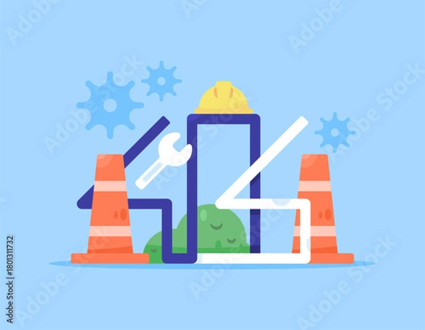 Fototapeta Illustration of the number 404 with safety helmet, traffic cone, wrench, and gear elements. Maintenance and repair concept. Error messages and technical problems. Flat style design. Blue background.