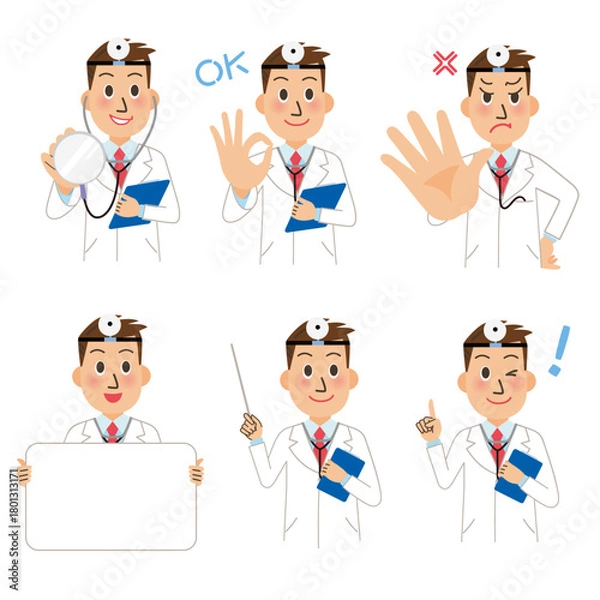 Obraz 医者の診断、ホワイトボード、ひらめき、ドクターストップ、説明の上半身ポーズ