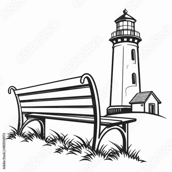 Obraz The black and white showcases a classic lighthouse near a bench and building