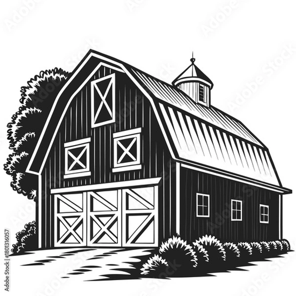Obraz Monochromatic barn illustration shows agriculture theme with rural building, and tree in grayscale