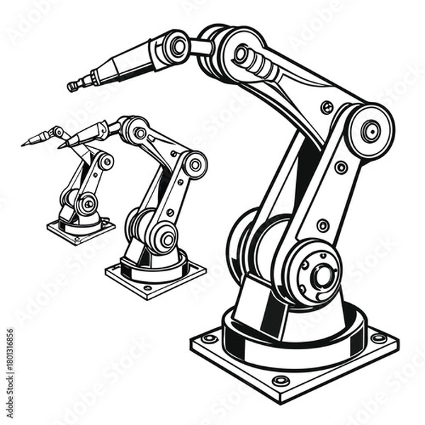 Obraz Three isolated industrial robotic arms stand prominently in a black and white line art