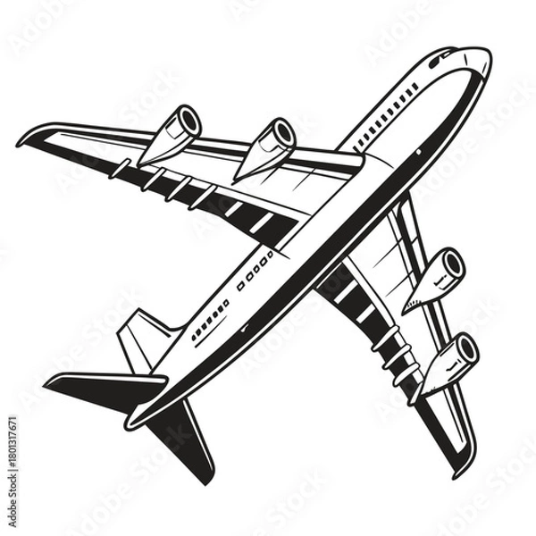 Obraz Airplane flies with multiple engines in black and white outline drawing for travel concepts