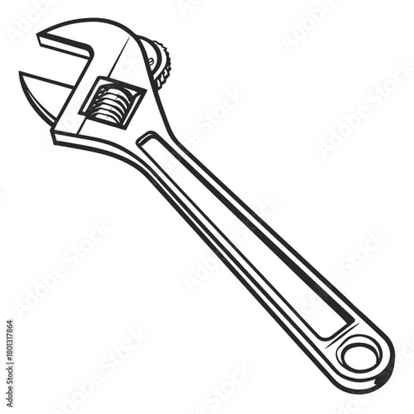 Obraz Monochrome adjustable wrench tool presents a robust outline against the stark white backdrop