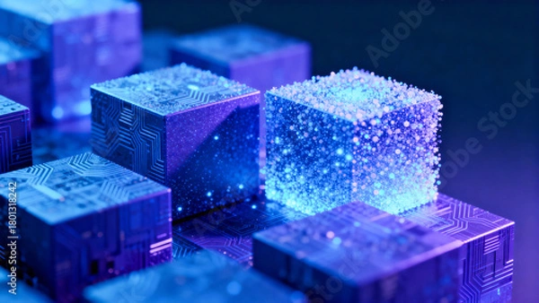 Fototapeta Futuristic digital cubes with glowing particle effects in blue light.
