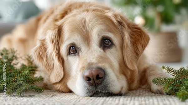 Fototapeta A golden retriever resting peacefully on a cozy rug, surrounded by festive decor, exuding warmth and affection.