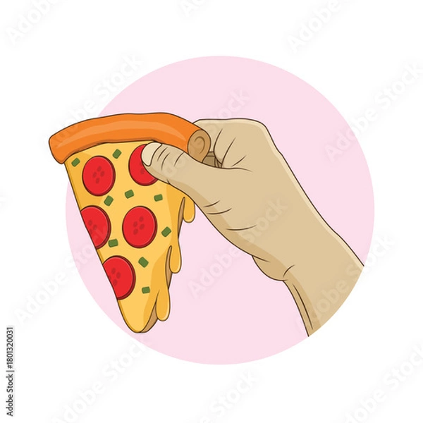 Obraz Hand holding a pizza slice. Vector illustration