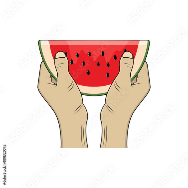 Obraz Hand holding a watermelon slice. Vector illustration
