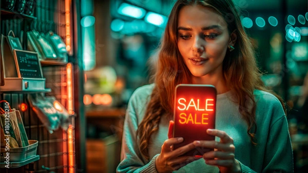 Fototapeta Young woman holding a smartphone displaying sale alert while shopping in a vibrant store