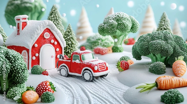 Fototapeta Gingerbread house and trees create playful, whimsical winter scene