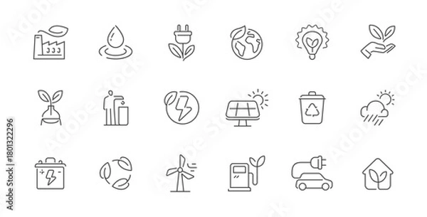Fototapeta Eco friendly concept. Ecology and environment line icon set. Green energy, recycling and conservation symbols