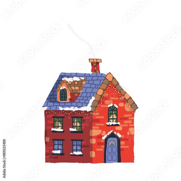Obraz Red house with a chimney and a roof on a white background. The house is decorated with Christmas lights